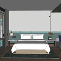 Modern Hotel Room Interior With King Bed White Linens Bedside Lamps Gray Walls And Decorative Rug