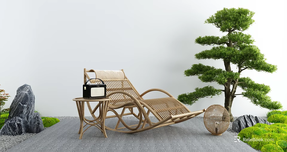Wicker Lounge Chair With Side Table Radio And Bonsai Pine On Gray Carpet 3d model 