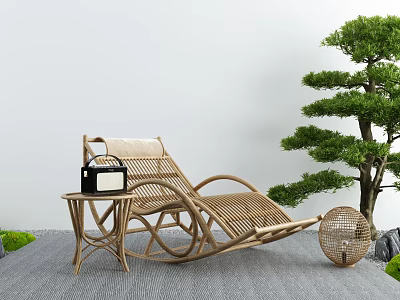 Wicker Lounge Chair With Side Table Radio And Bonsai Pine On Gray Carpet 3d model