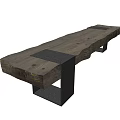 Natural Wood Landscape Seat With Black Metal Legs And Gray Cushions