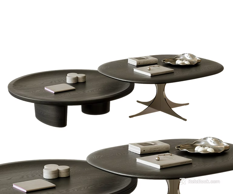 Modern Round Coffee Table Designs With Wooden Tops And Decorative Items On Different Bases 3d model 