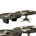 Modern Round Coffee Table Designs With Wooden Tops And Decorative Items On Different Bases