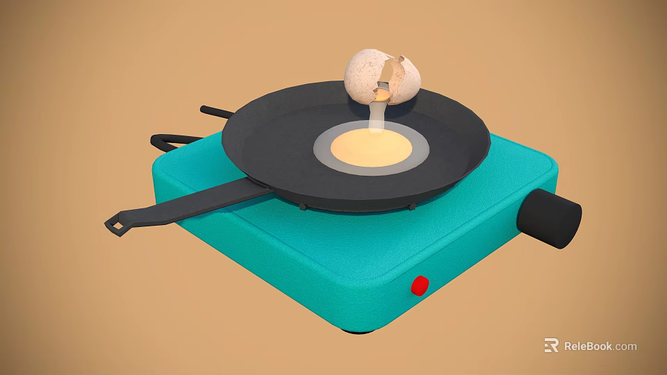 Turquoise Electric Stove Cooktop with Frying Pan Cooking Cracked Egg and Flowing Yolk 3d model 