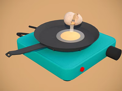 Turquoise Electric Stove Cooktop with Frying Pan Cooking Cracked Egg and Flowing Yolk 3d model