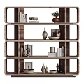 Modern Wooden Shelving Unit With Multi Tiered Design And Decorative Items Books Vases Bowls