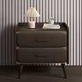 Modern Minimalist Bedside Table With Beige Drawers Black Handles Table Lamp And Books