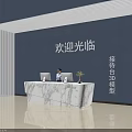 3D Model Reception Desk With Marble Countertop Blue Backdrop Wall And Welcome Sign