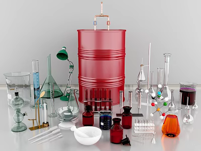 Industrial Laboratory Equipment With Red Barrel Glass Beakers Flasks And Test Tubes 3d model