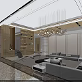 Stylish Modern Lounge Area Interior With Gray Sofas Coffee Tables And Chandelier 3d model