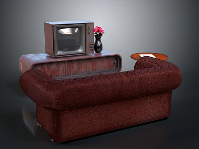 Vintage Living Room Setup With Brown Sofa TV Stand Old TV And Pink Flower Vase 3d model