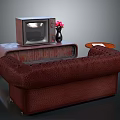 Vintage Living Room Setup With Brown Sofa TV Stand Old TV And Pink Flower Vase