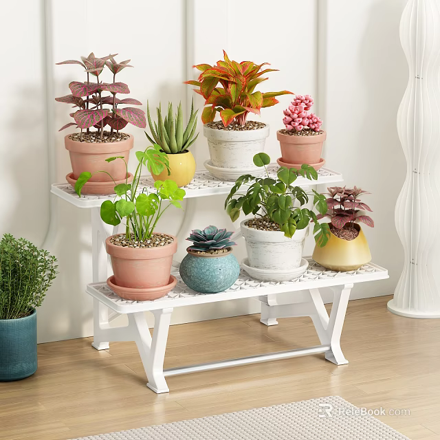 Modern White Metal Two Tier Plant Stand With Colorful Potted Plants Indoor 3d model 