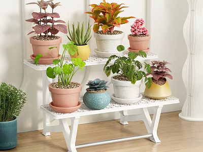 Modern White Metal Two Tier Plant Stand With Colorful Potted Plants Indoor 3d model