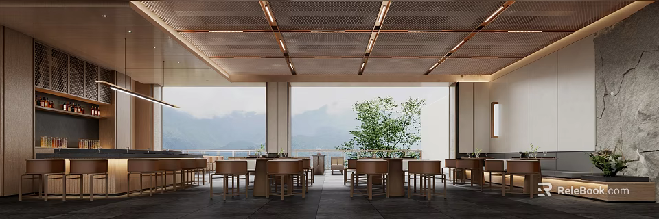 Modern Restaurant Open Design With Wooden Tables Mountain View Green Plant And Metal Grid Ceiling 3d model 
