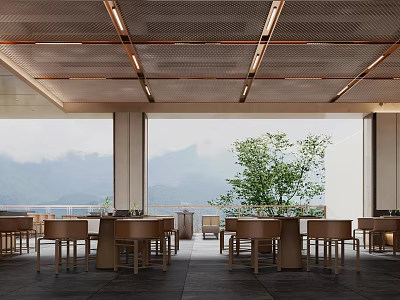 Modern Restaurant Open Design With Wooden Tables Mountain View Green Plant And Metal Grid Ceiling 3d model
