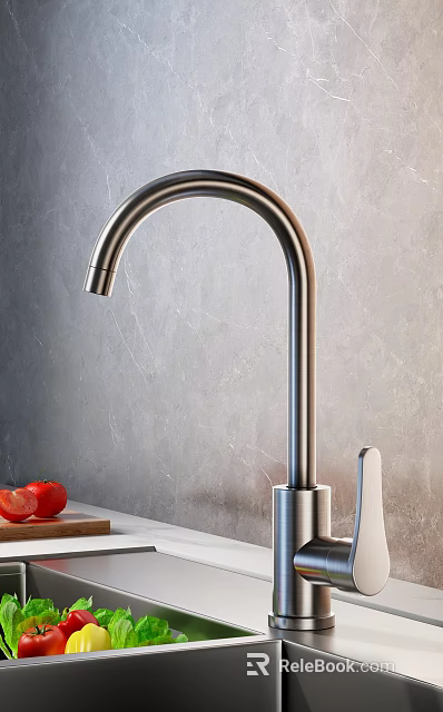 Stainless Steel Kitchen Faucet With Gray Wall Background And Fresh Tomato 3d model 