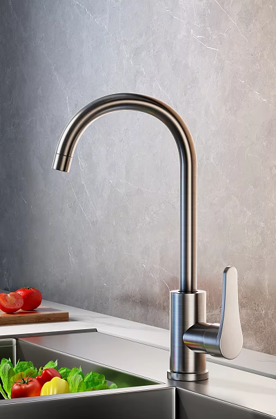 Stainless Steel Kitchen Faucet With Gray Wall Background And Fresh Tomato 3d model