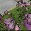 Purple Peony Flowers On Green Round Tray With Gray Floor Tiles