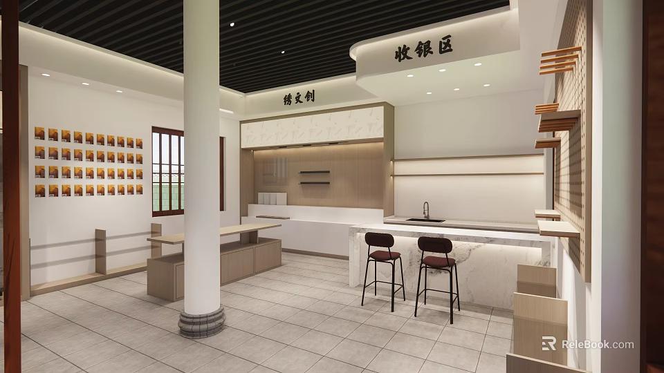 Beverage Store Interior Design Featuring Cashier Area Beverage Display And Bar Stools 3d model 