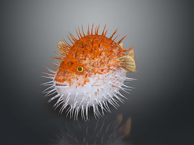 Orange And White Pufferfish With Spines And Yellow Eyes In Water 3d model
