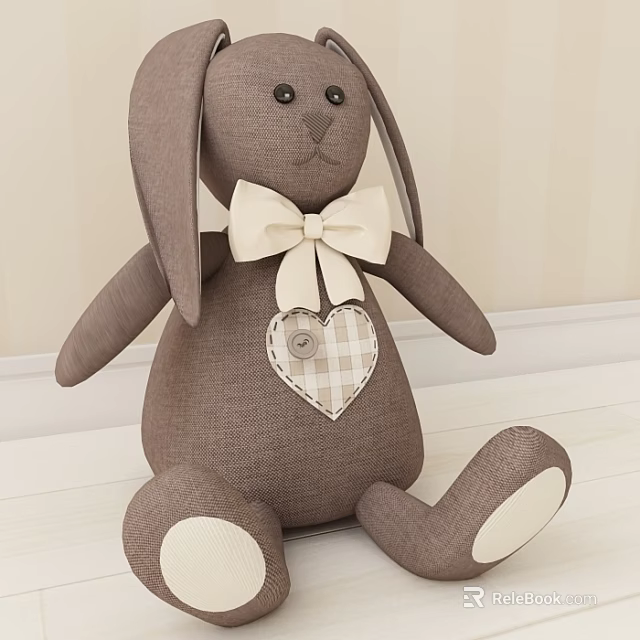 Cute Brown Rabbit Stuffed Doll With Beige Bowtie And Plaid Heart Decoration 3d model 