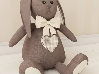 Cute Brown Rabbit Stuffed Doll With Beige Bowtie And Plaid Heart Decoration 3d model
