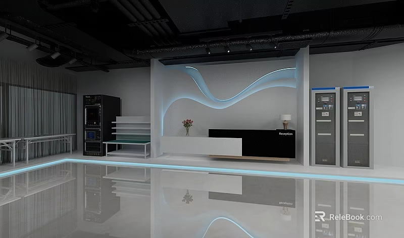 Modern Reception Area Design With Black Desk Decorative Wall And Storage Cabinets 3d model 