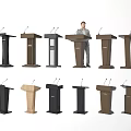 Various Modern Podiums With Different Designs And Man Standing At Central Podium