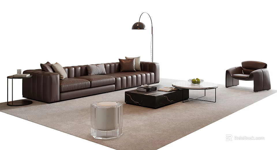 Modern Leather Sofa and Coffee Table Set With Pillows and Floor Lamp on Rug 3d model 