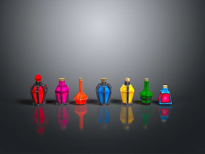 Woman Showcasing Colorful Bottles With Various Shapes And Reflections On Dark Background 3d model