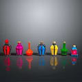 Woman Showcasing Colorful Bottles With Various Shapes And Reflections On Dark Background