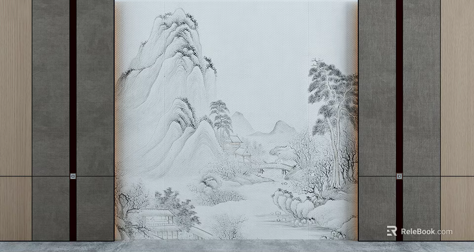 Classic Traditional Chinese Landscape Painting With Mountains Trees Houses And Path 3d model 