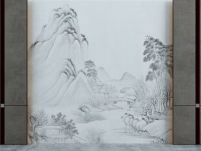 Classic Traditional Chinese Landscape Painting With Mountains Trees Houses And Path 3d model