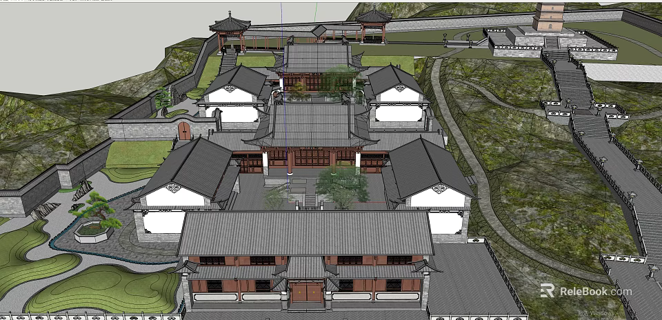 Ancient Architectural Complex With Traditional Courtyard Classic Roof And Mountain Surroundings 3d model 