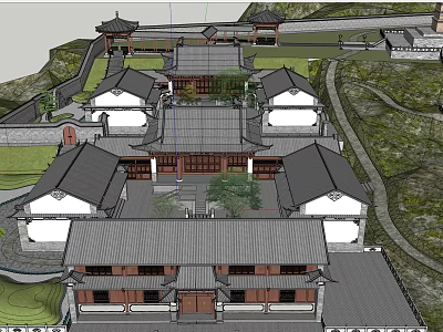 Ancient Architectural Complex With Traditional Courtyard Classic Roof And Mountain Surroundings 3d model