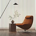 Stylish Orange Lounge Chair With Floor Lamp Plant Vase On Wooden Floor And Vertical Blinds