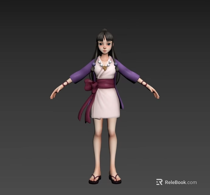 Game And Movie Character With Black Hair Purple Coat White Dress Red Sash Necklace 3d model 