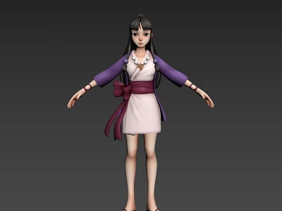 Game And Movie Character With Black Hair Purple Coat White Dress Red Sash Necklace 3d model