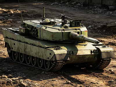 Military Green Camouflage Tank On Muddy Ground With Rubble And Debris 3d model