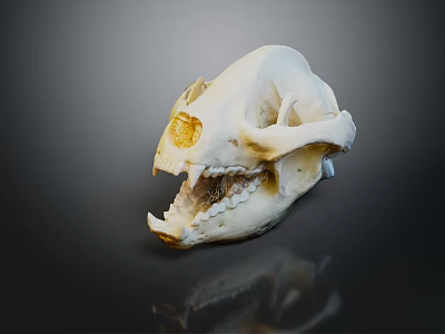 White Animal Skull With Sharp Teeth And Reflection On Dark Background Surface 3d model