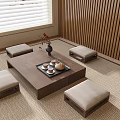 Tatami Tea Table and Chair Pottery Pot Branches Dried Flowers Tea Set Teapot Tea Cup Solid Wood Tea Table and Chair 3d model