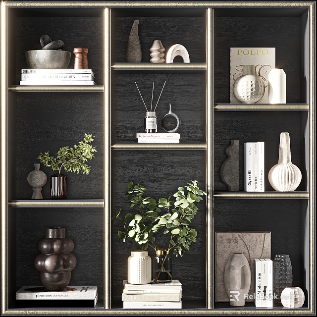 Modern Decorative Ornament Combination On Black Shelves With Vases Books And Green Plants 3d model 