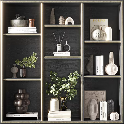 Modern Decorative Ornament Combination On Black Shelves With Vases Books And Green Plants 3d model
