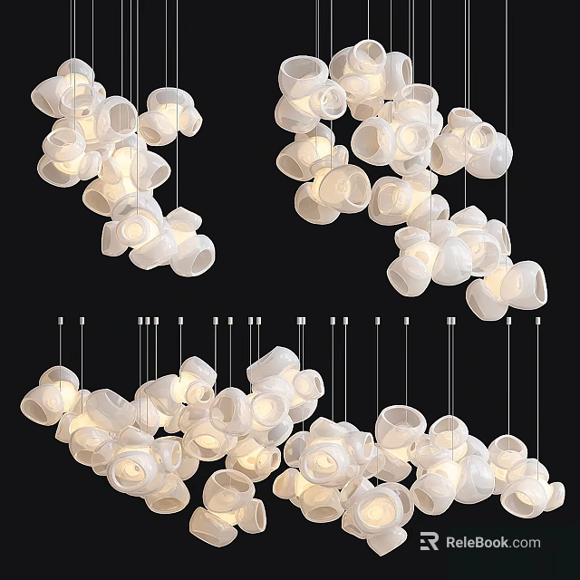 Multiple Modern White Flower Shaped Chandeliers Hanging In Interior Space 3d model
