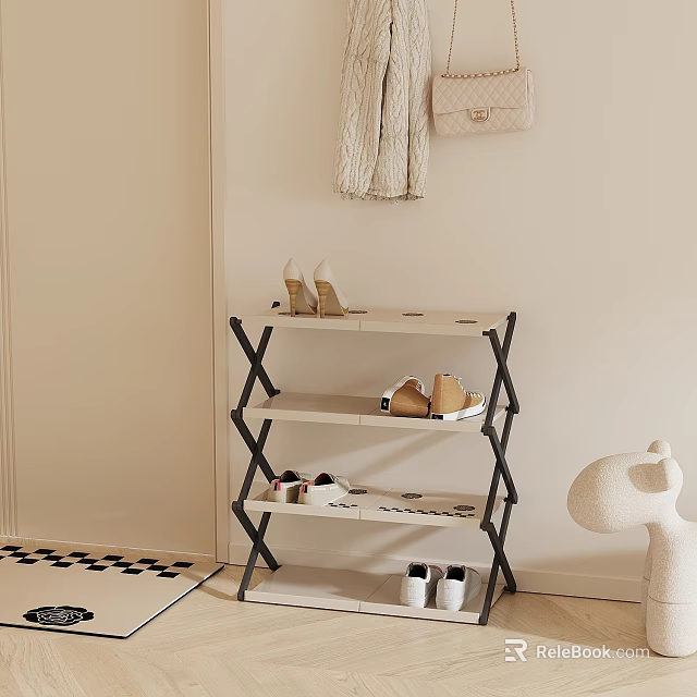Simple Multi layer Shoe Rack With High Heels Flat Shoes And Hanging Bag 3d model 