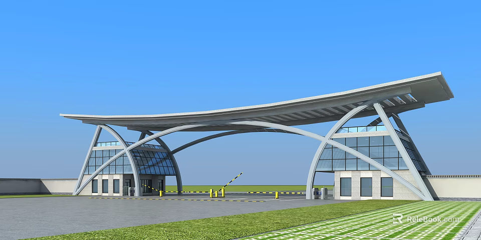 Modern Entrance Gate With Curved Roof Glass Structure Adjacent Buildings And Green Lawn 3d model 