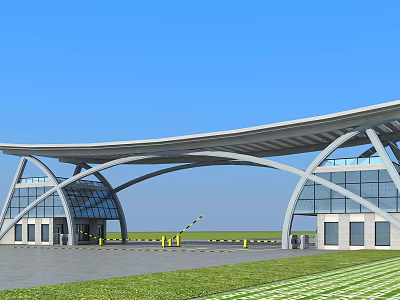 Modern Entrance Gate With Curved Roof Glass Structure Adjacent Buildings And Green Lawn 3d model