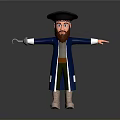 3D Pirate Character Featuring Blue Coat Green Pants Black Hat Beard Outstretched Arms Holding Knife