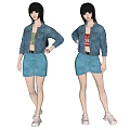 Woman in Denim Jacket and Skirt with Yellow Pattern Top and Red 66 T Shirt