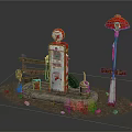 Vintage Gas Station Scene With Retro Pump Red Street Lamp And Wooden Fence